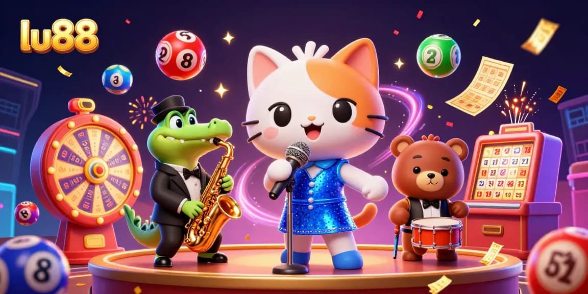 Play engaging games at lu88 with thrilling characters in a vibrant casino illustration.