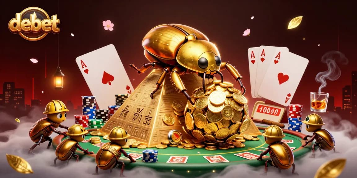 Engage with debet casino adventures featuring golden beetles, poker chips, and vibrant illustrations.