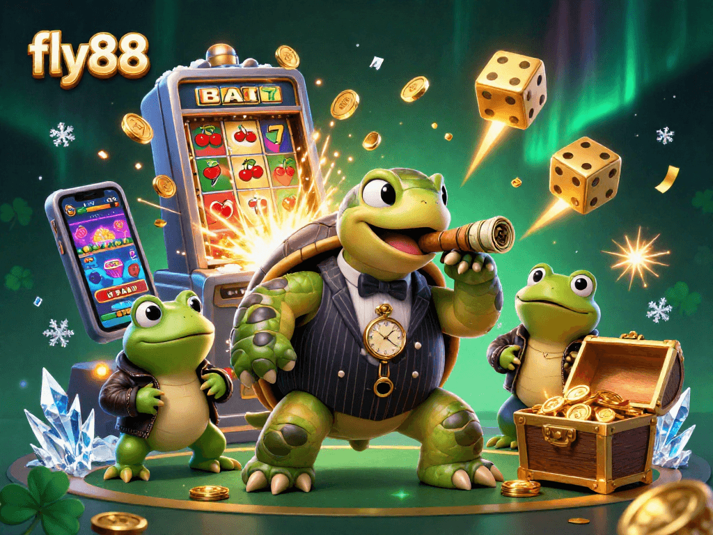 Experience the excitement at fly88 with a vibrant casino scene featuring a snapping turtle and bullfrog enforcers.