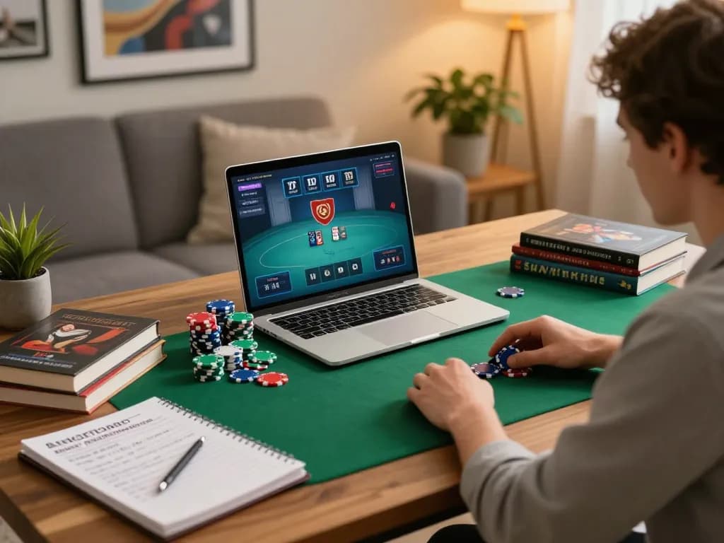Person playing fun79 online poker, showcasing a stylish home setup with strategic notes and colorful chips.