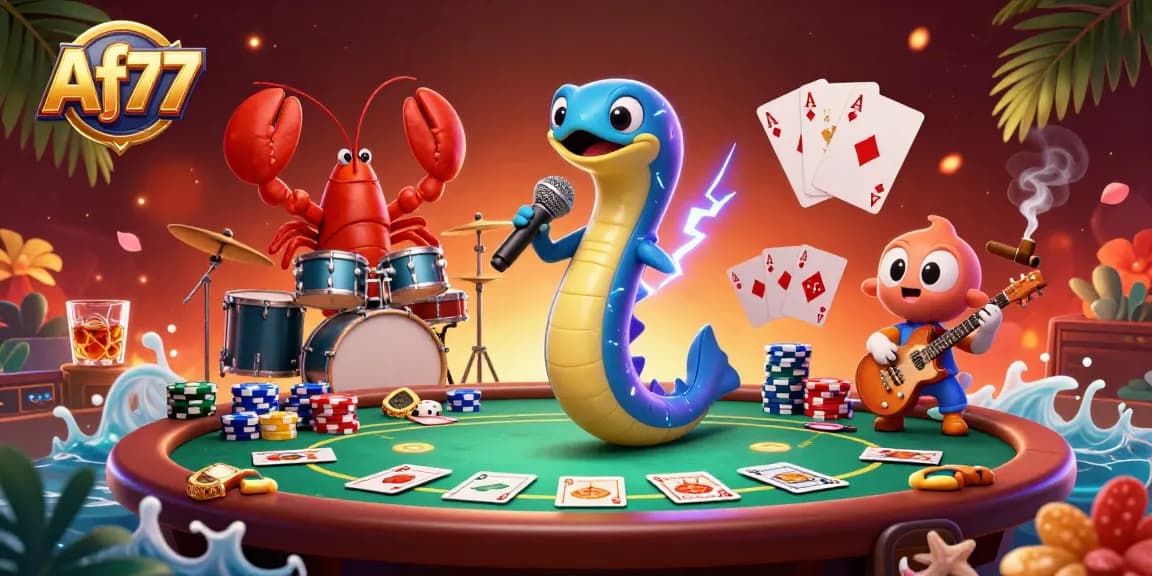 Experience exhilarating games at Af77 with an electric eel DJ, poker chips, and vibrant underwater elements.