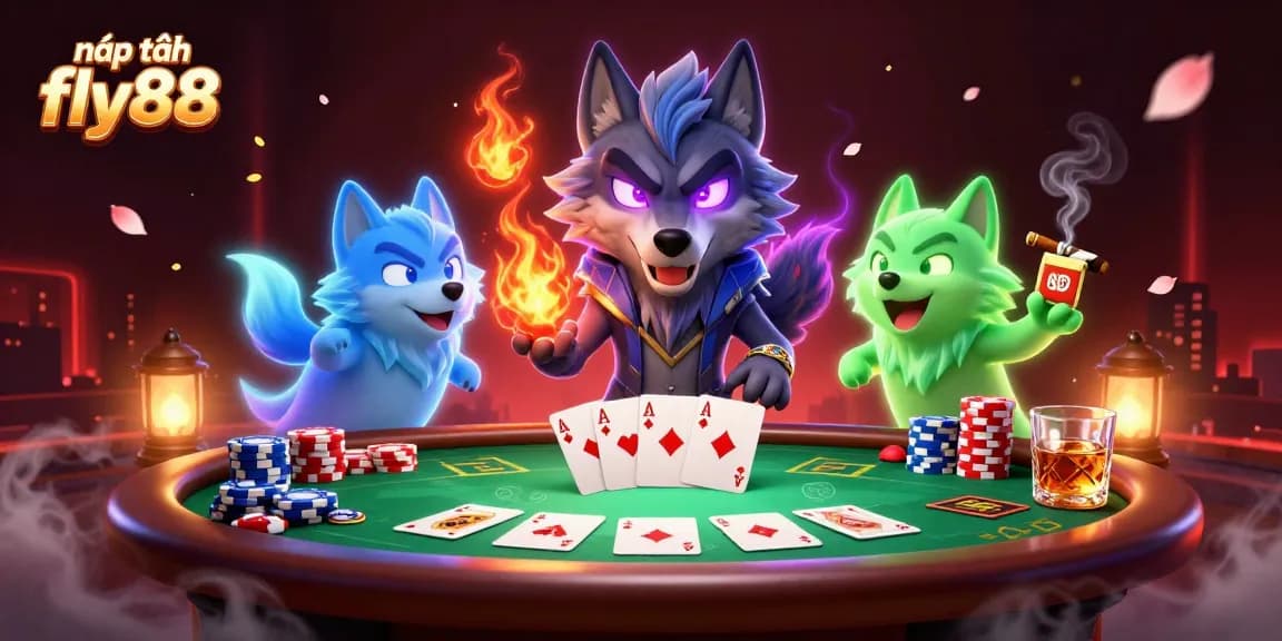 Engage with nạp tiền fly88, showcasing a dynamic poker scene with ghostly wolves and vibrant game elements.