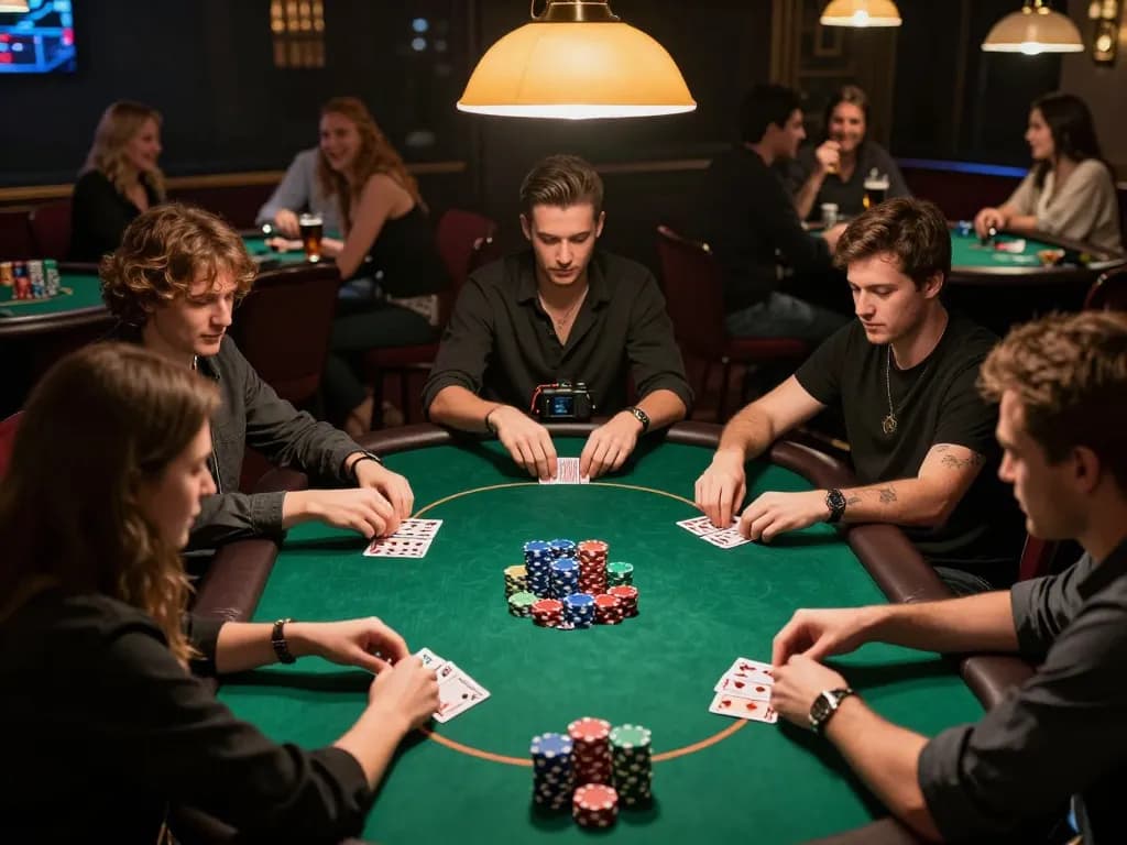 Players strategize at a poker table while enjoying a social night at 99ok casino.
