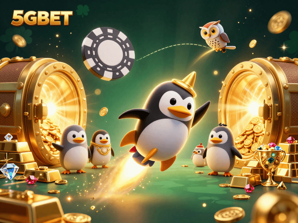 Experience the excitement of 5GBET as a golden penguin rockets toward a casino space station.