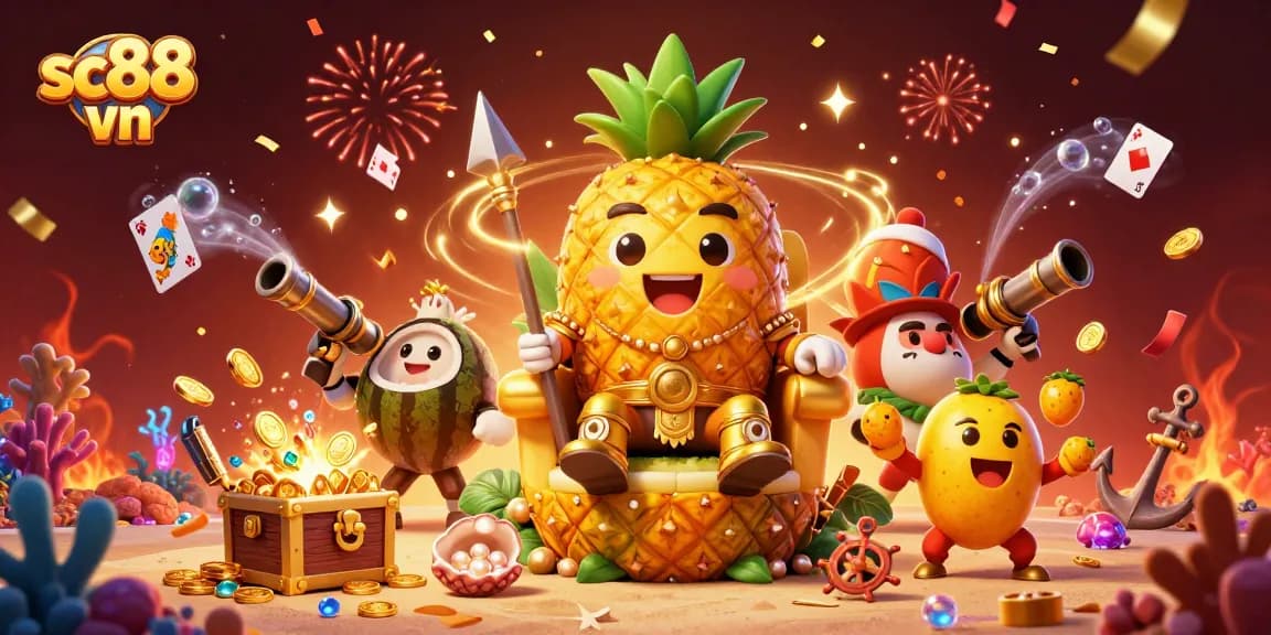 Experience thrilling casino action with sc88 vn amidst a vibrant 3D adventure featuring a golden pineapple king.