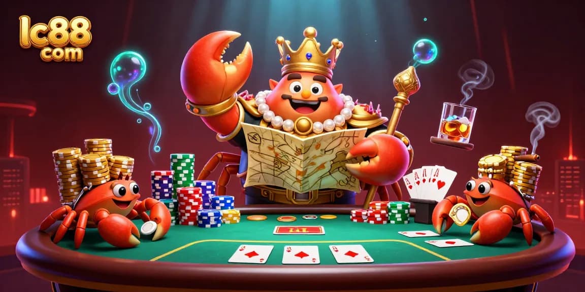 Experience high-stakes action with lc88 com, as golden crab emperor rules a vibrant casino scene filled with card games and riches.