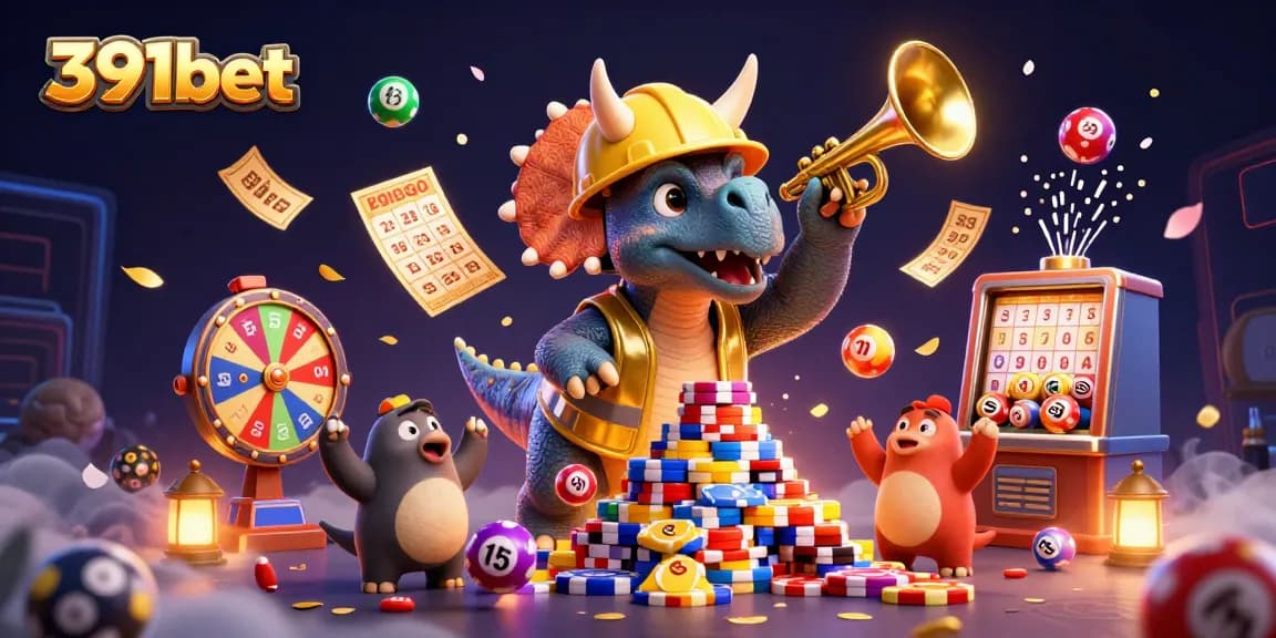 A lively scene showcasing the 391bet brand with animated characters celebrating wins amid colorful gaming elements.