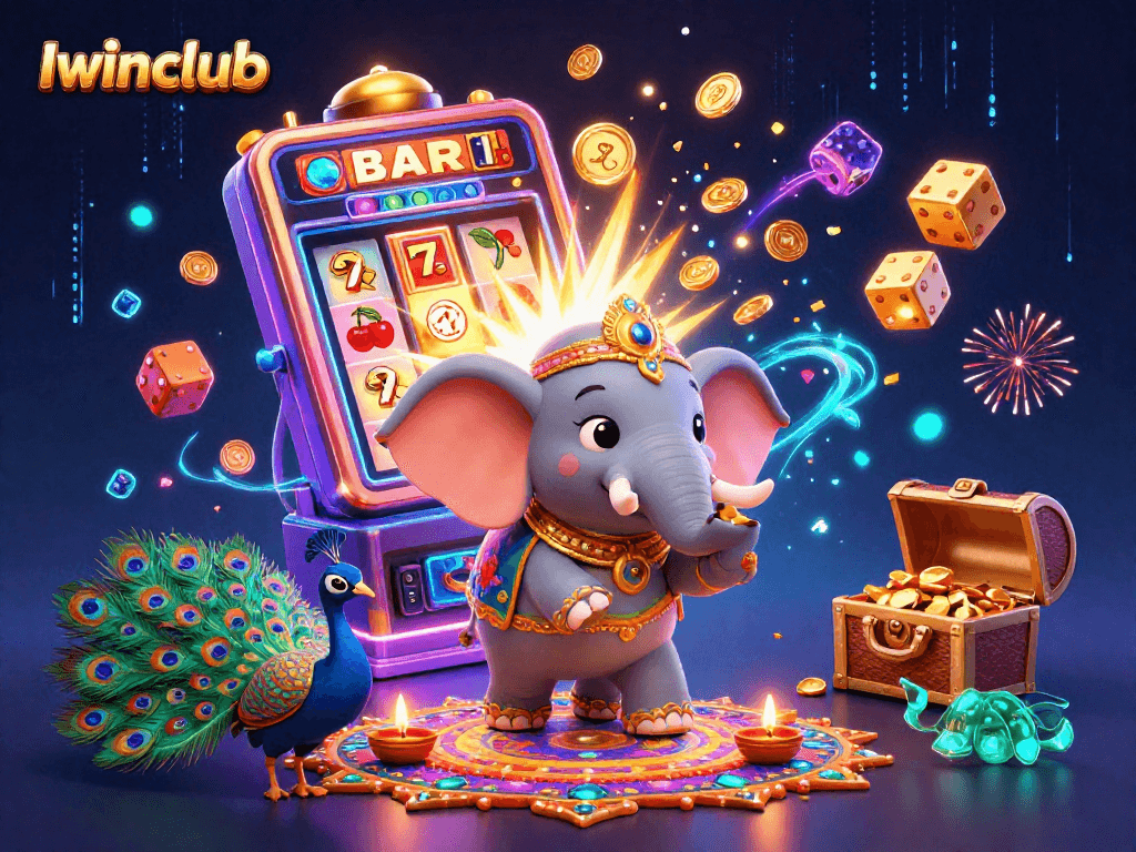 Iwinclub captures excitement with vibrant 3D casino scene of an elephant and peacock amidst slot machine chaos.