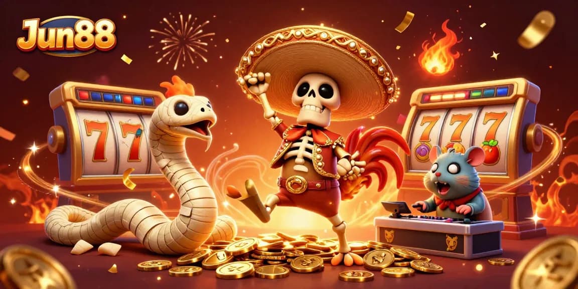 Win big at Jun88's thrilling online casino with vibrant slot reels and festive characters!