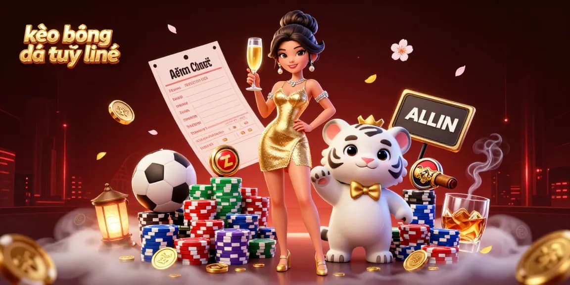 Experience the excitement of kèo bóng đá trực tuyến with 3D visuals of a glamorous woman and a lucky tiger cub by the betting table.