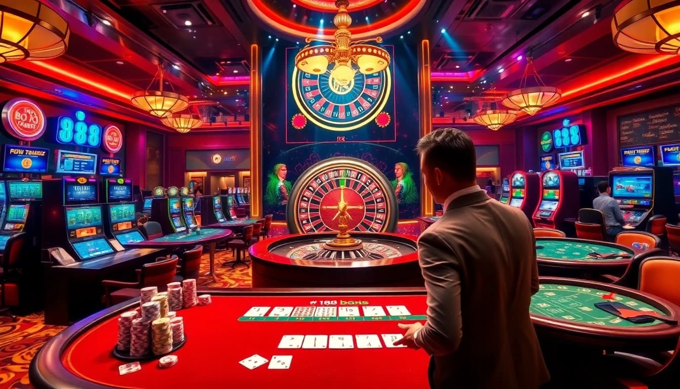 Win big at 188 bet with exciting casino scenes featuring roulette, poker, and vibrant slot machines.