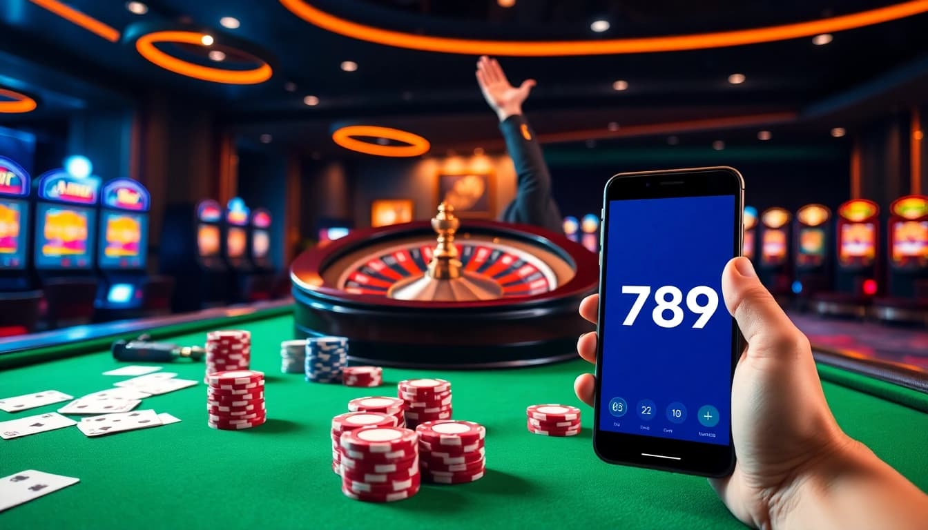 A player enjoying a thrilling game at ALO789 online casino, surrounded by vibrant slot machines and a spinning roulette wheel.