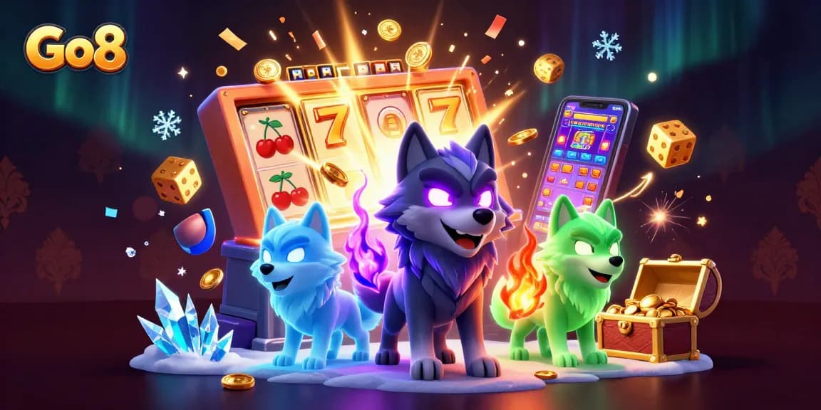 Engage with Go8's thrilling gaming experience featuring dynamic 3D animated wolves and casino elements.