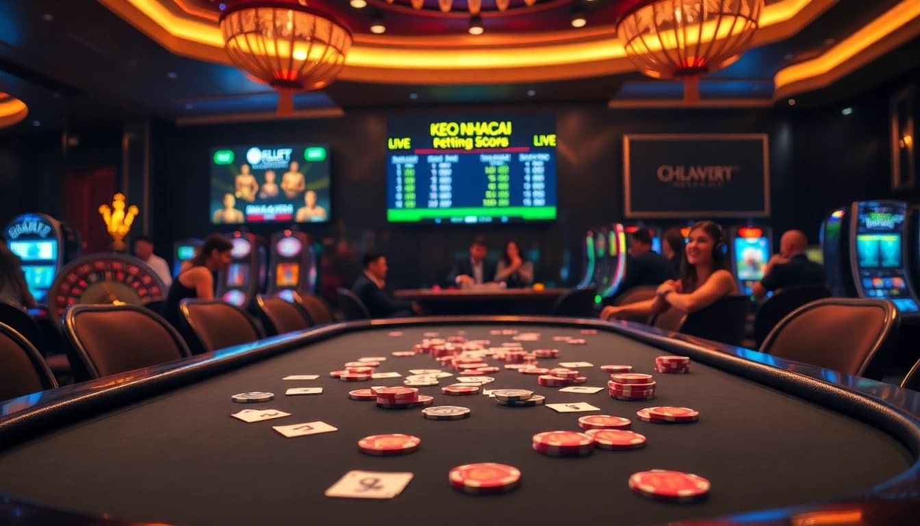 Exciting KEO NHACAI casino scene with poker table, chips, and live betting odds.