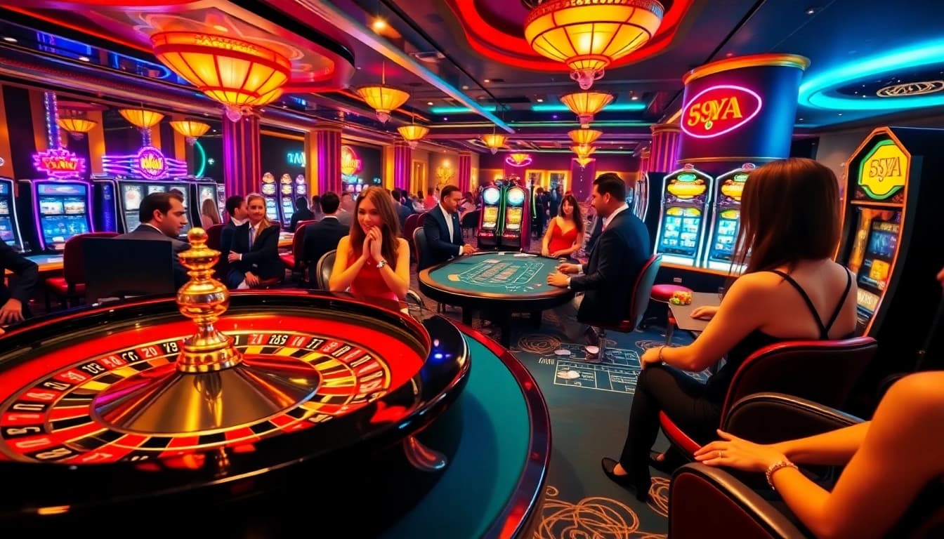 Cena do cassino 59A com jogadores empolgados nas mesas de roleta e blackjack, atmosfera vibrante.