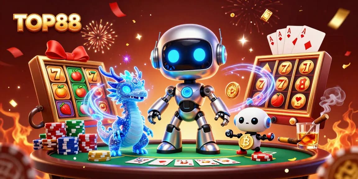 Experience thrilling gaming at TOP88 with vibrant 3D characters amidst slots and poker elements.