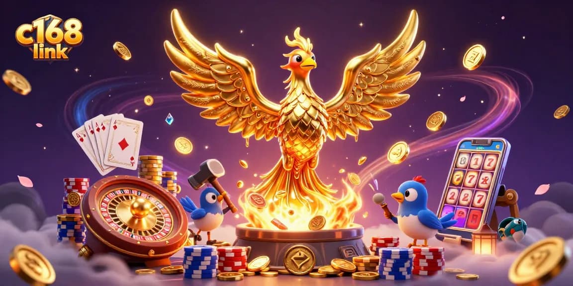 Catch exciting moments at c168 link where a golden phoenix and treasures come together in this dynamic casino scene.