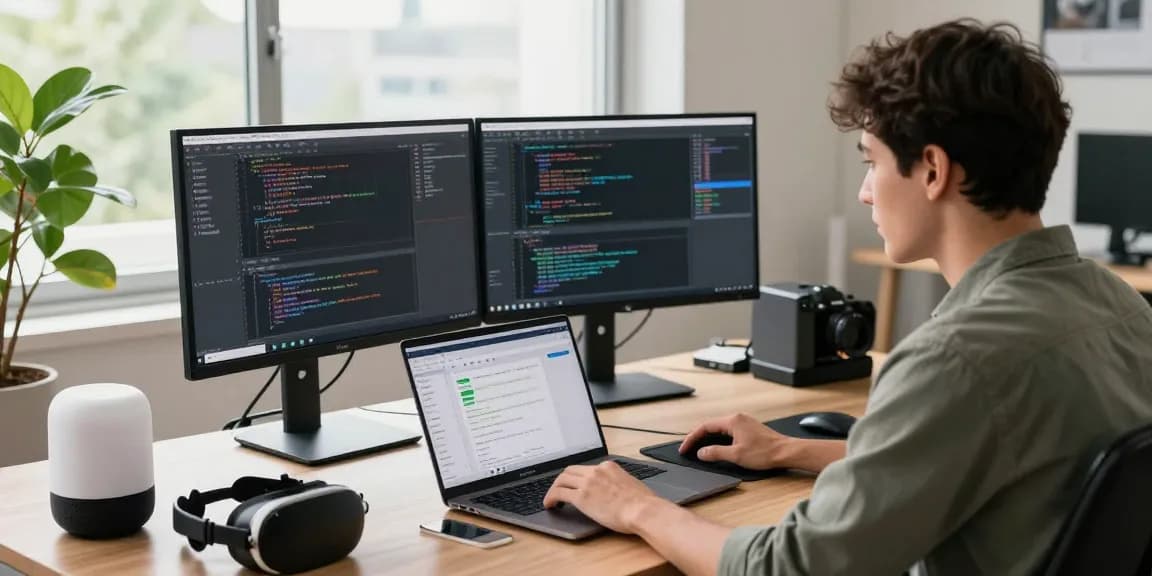Desenvolvedor trabalhando em multicanais no escritório moderno com código em monitores e luz natural.