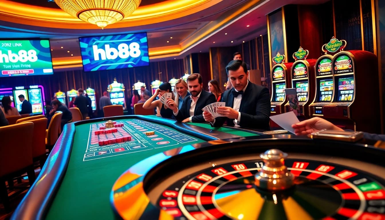 Experience the excitement of gambling at HB88 link, featuring vibrant casino tables, dynamic players, and enticing slot machines.