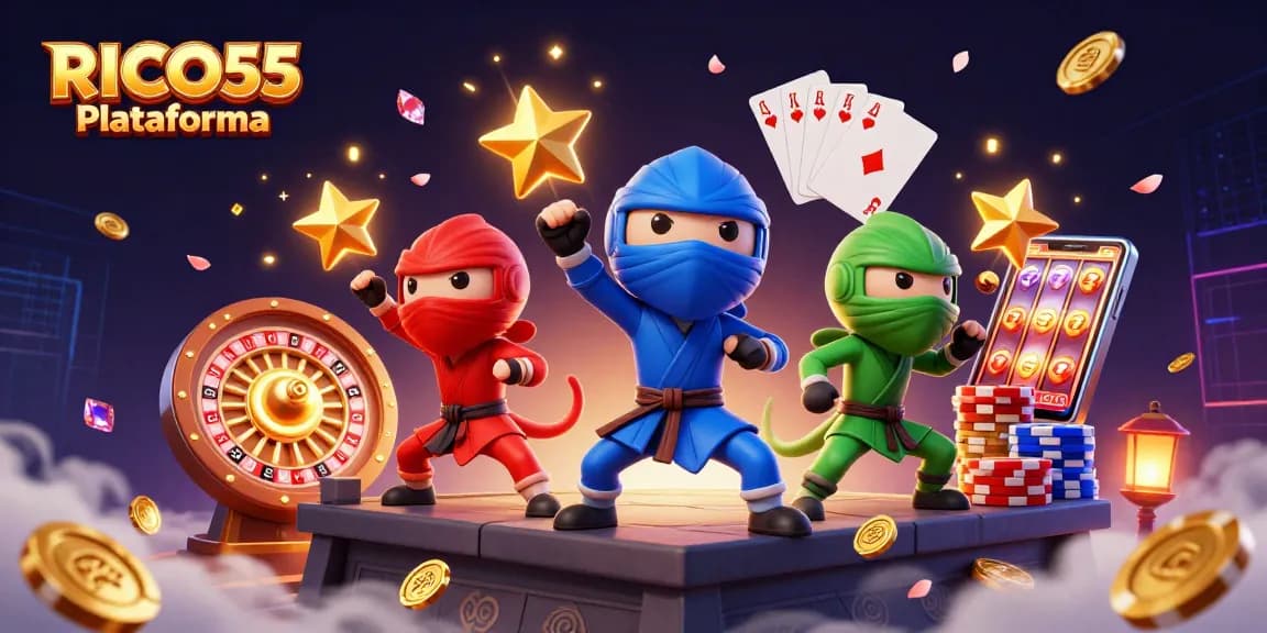 Experience excitement with the RICO55 Plataforma; a vibrant illustration of ninja chameleons amidst casino chaos.