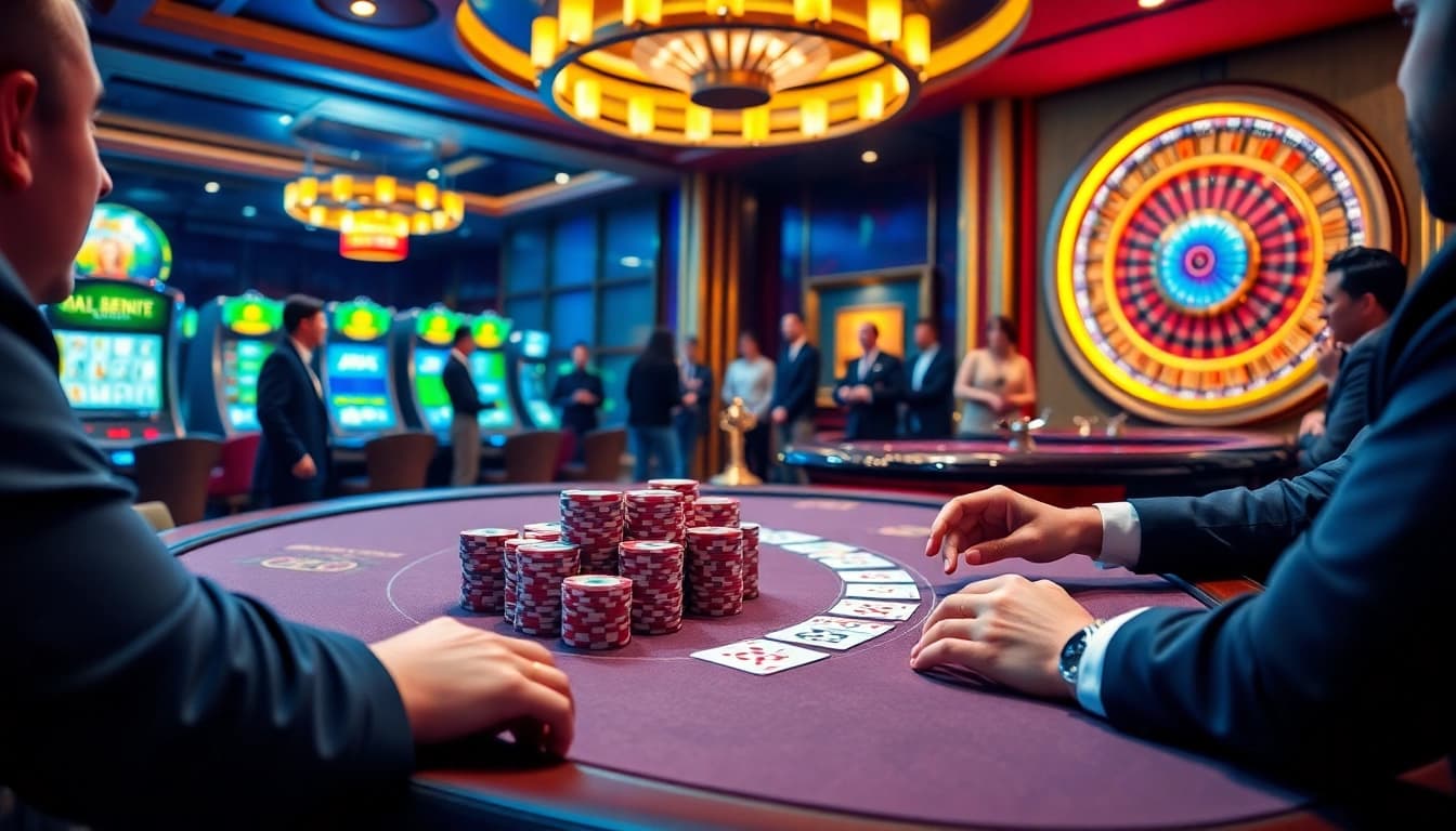 Experience high-stakes excitement at 28BET poker tables surrounded by vibrant casino elements.
