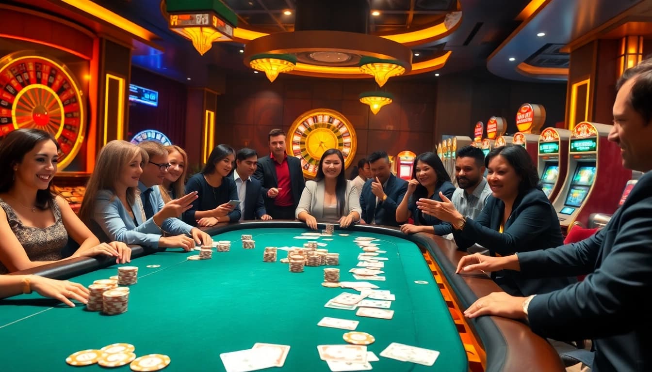 Players engaging at a poker table inspired by keonhacai 5, showcasing excitement and active gambling action.