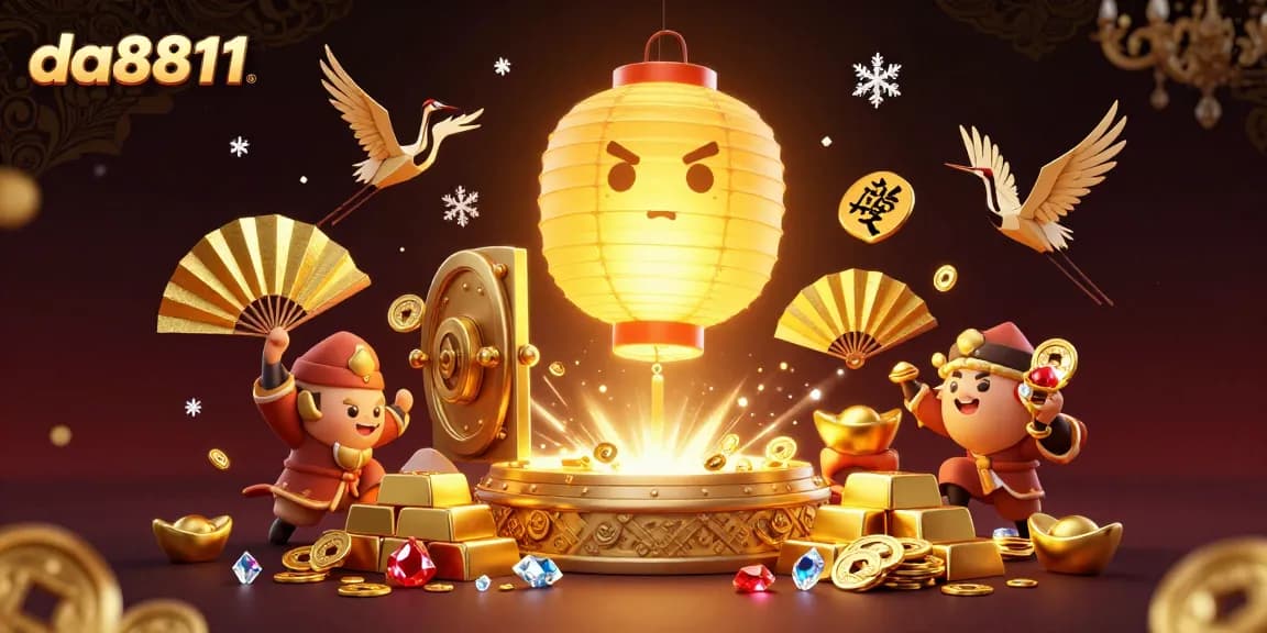 Experience thrilling gaming at da8811 with a dazzling 3D casino scene featuring treasure and lucky symbols.