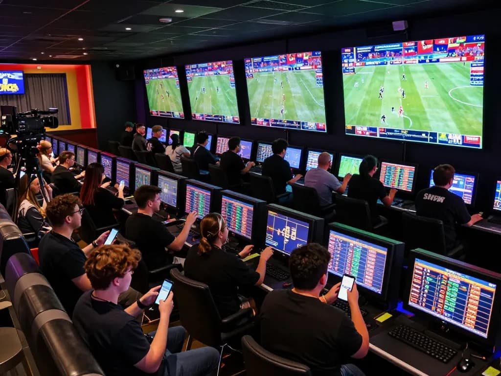 Apostadores engajados revisando odds esportivas e fazendo apostas no energético lounge HH55.