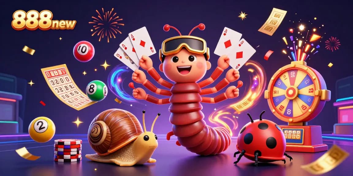 Watch the vibrant excitement of 888new where a cartoon millipede dealer manages thrilling games and lottery fun.