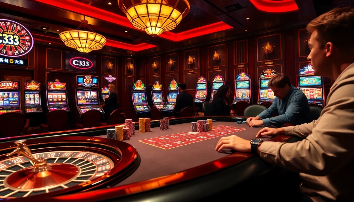 Jogadores apreciando poker no cassino C333, com diversas máquinas caça-níqueis e roleta em um cenário de cassino vibrante.