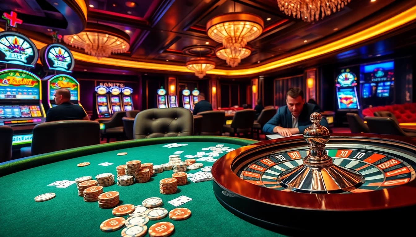 Cena envolvente de jogos de azar com elementos de cassino vibrantes refletindo a essência das estratégias 69T.