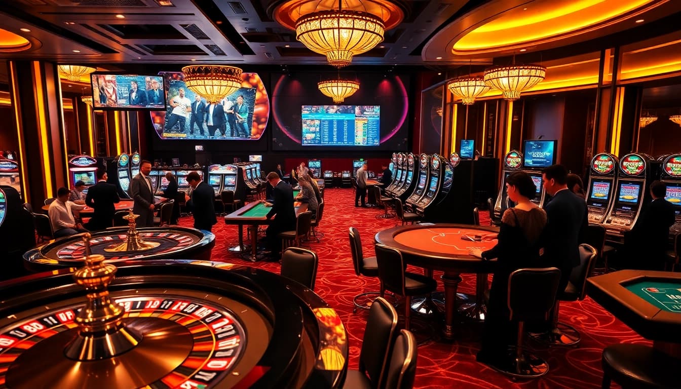 Engage in kqbd betting excitement at a luxurious casino, featuring roulette and poker tables.