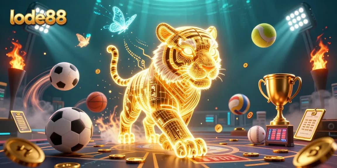 Engage with lode88 in a vibrant 3D digital casino setting filled with energetic sports elements.