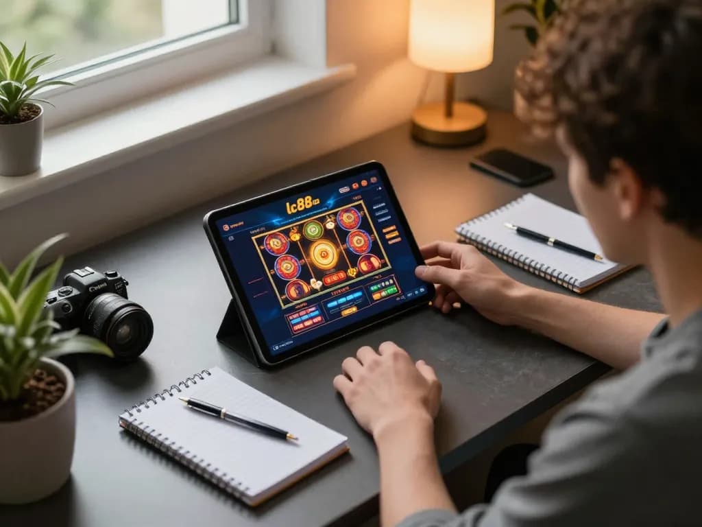 Engaging in strategic online gaming with lc88 com on a tablet, displaying vibrant slot machine gameplay