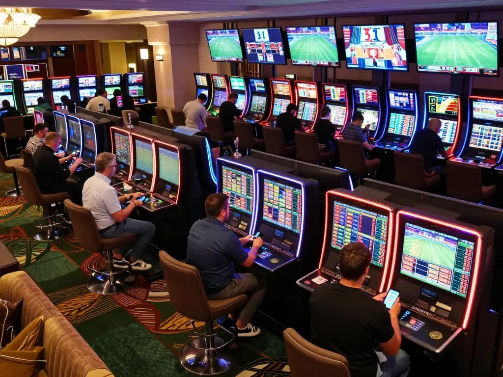 Excited gamblers analyzing tỷ lệ kèo nhà cái while placing sports bets in an upscale casino