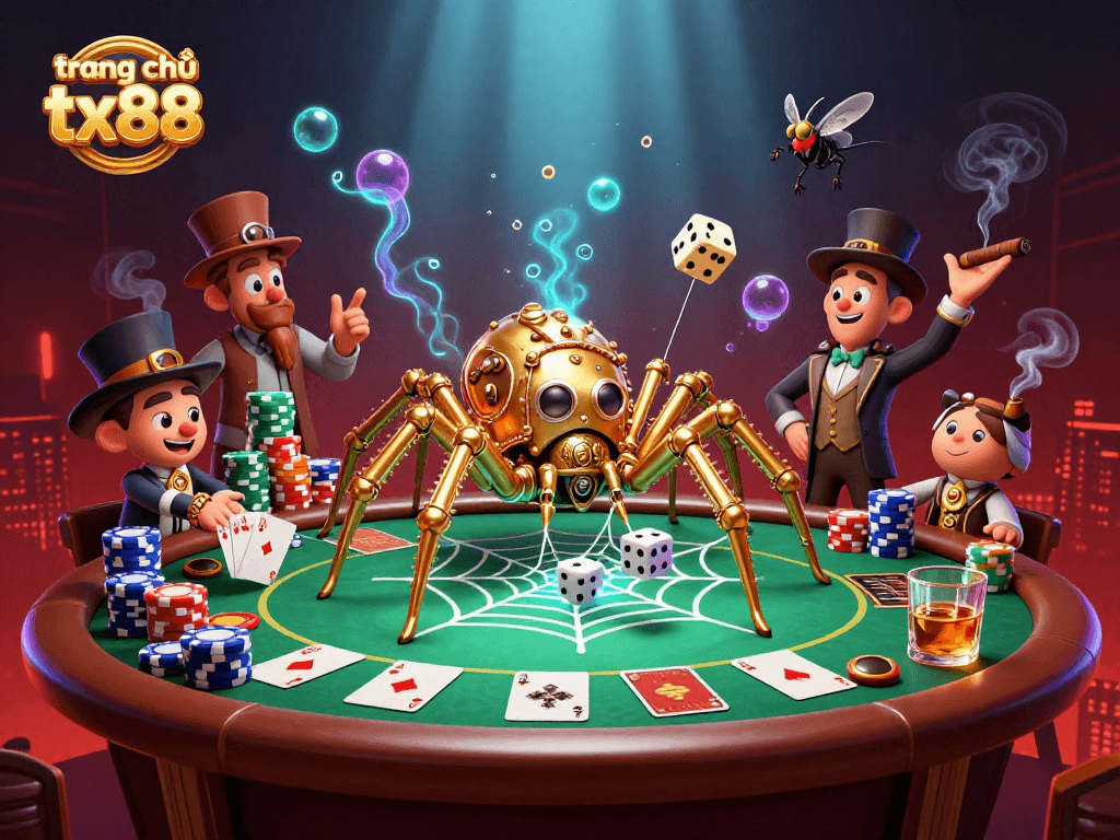 Experience the excitement of trang chủ tx88 with our vibrant steampunk spider and poker elements.