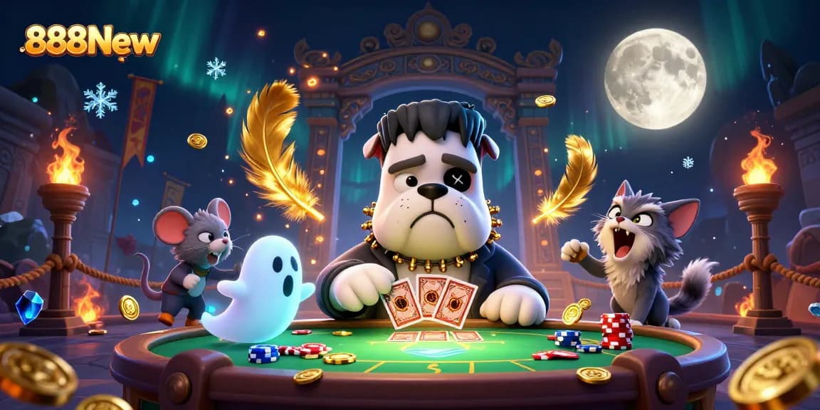 Engage with 888New as the Frankenstein bulldog monster deals cards at a vibrant casino table.