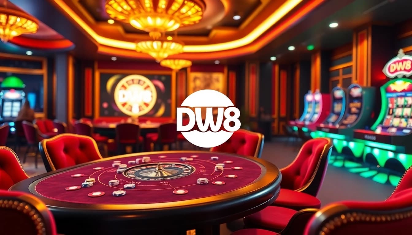 Players enjoying the excitement at DW8's luxurious poker table with vibrant casino décor.