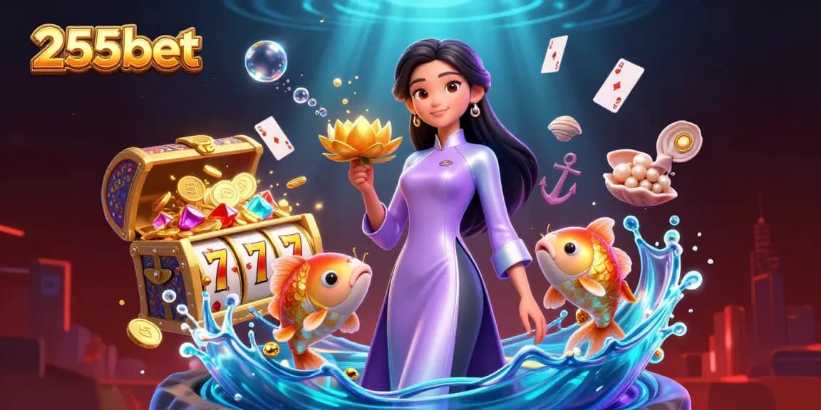 Jogue caça-níqueis e ganhe muito na 255bet, apresentando uma cena de cassino em 3D com personagens vibrantes e elementos de jogo.