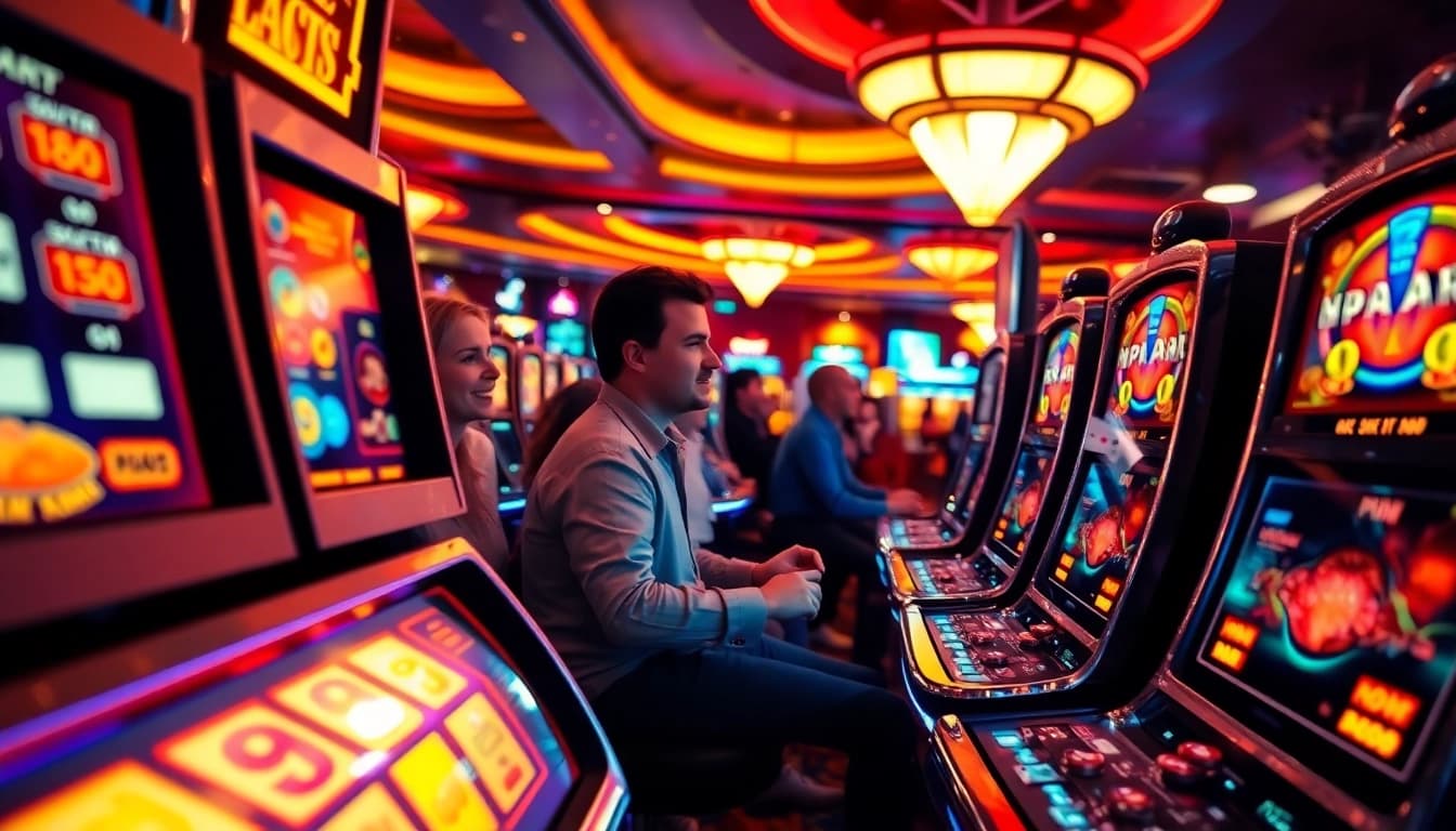 Slot gacor menampilkan mesin slot yang ramai dengan pemain bersemangat di kasino.