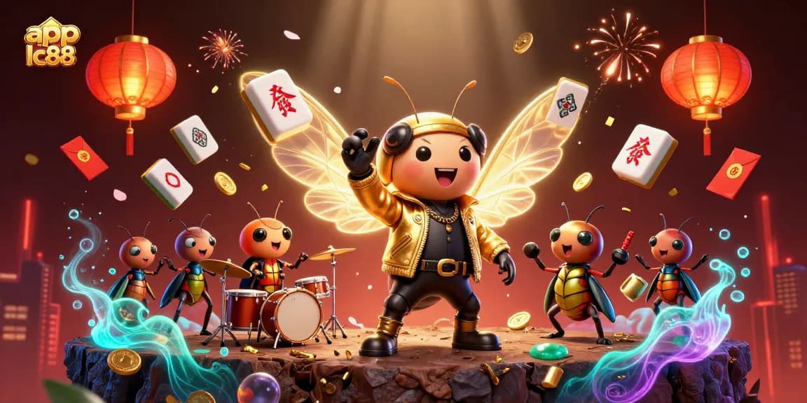 Win big using the app lc88: A dynamic scene with a rock star cicada celebrating gaming.