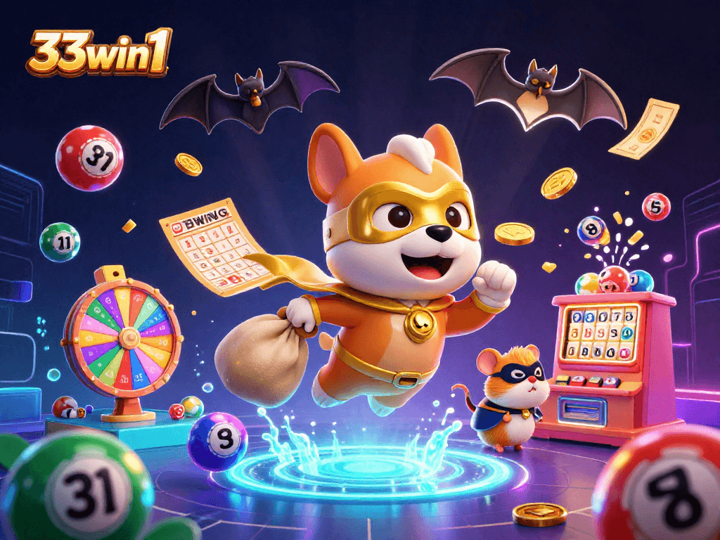 33win1 superhero dog and hamster celebrate wins amidst colorful lottery elements in a vibrant casino scene.