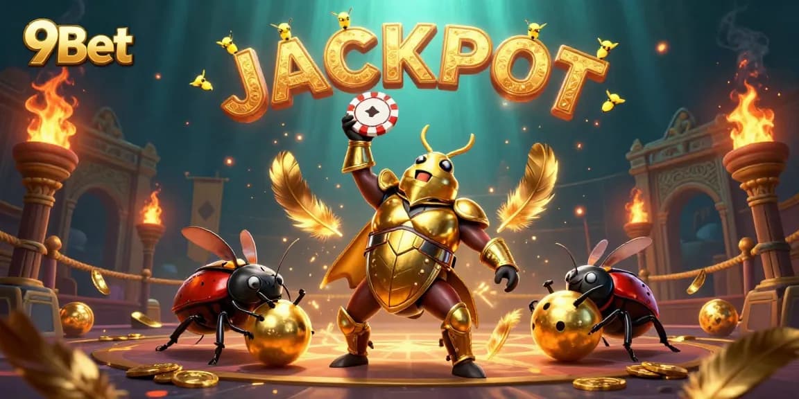 Experience a thrilling victory with 9Bet, featuring vibrant casino elements and animated characters.