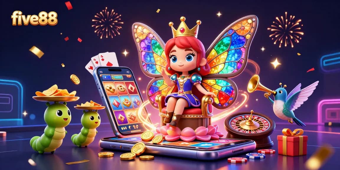 Experience the excitement of five88 casino with vibrant gaming elements and a magical illustration.
