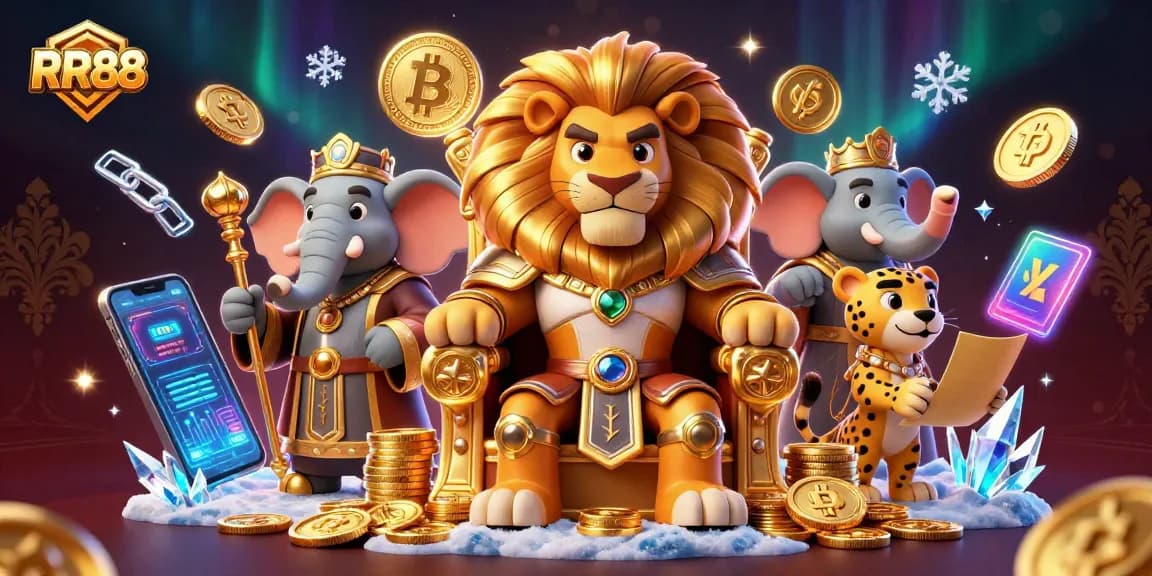 Engage with RR88's vibrant casino world featuring a lion king among crypto coins and gaming elements.