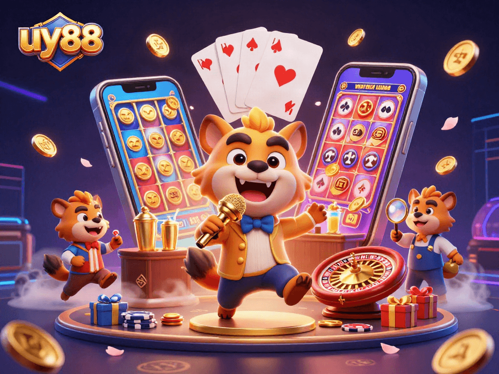 Experience vibrant action at uy88's comedy casino with hyenas, slots, and sparkling games.