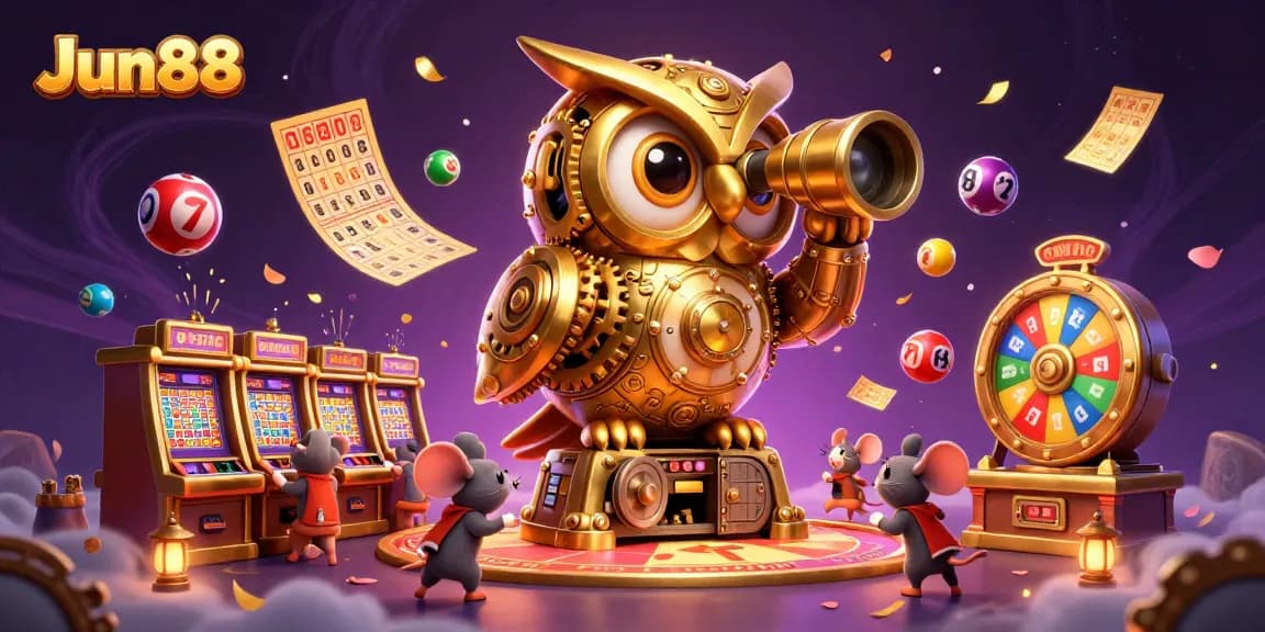 Experience thrilling wins with Jun88's vibrant casino atmosphere featuring an animated clockwork owl.