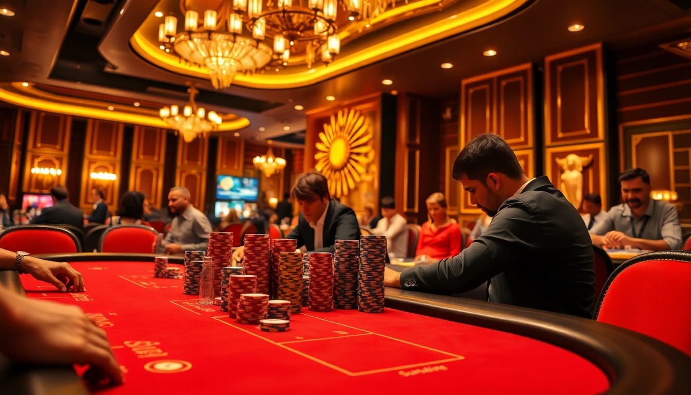 Sunwin table game scene featuring intense poker play and vibrant casino ambiance.