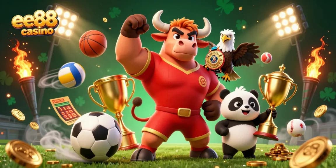 Betting excitement at ee88 casino with dynamic characters and sports elements celebrating victories.