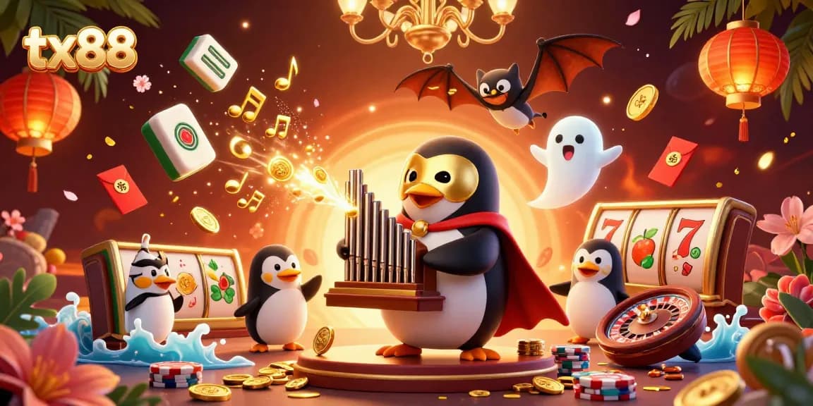 Engage with tx88 as a penguin plays the organ, shooting coins amidst vibrant casino scenes.